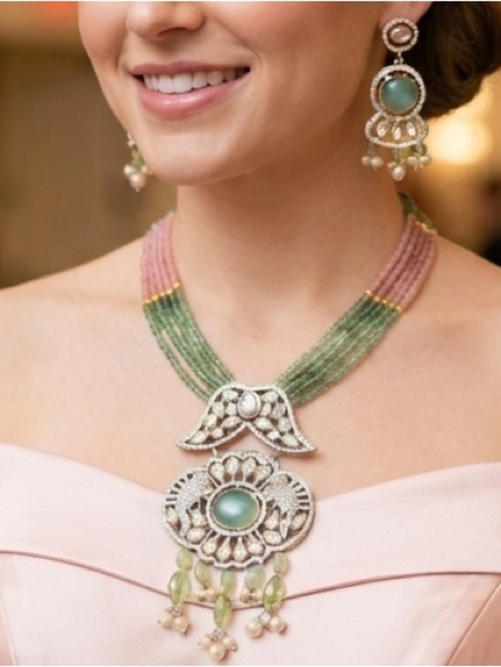 Pink and Green Beaded Statement Necklace with Silver-Tone Pendant
